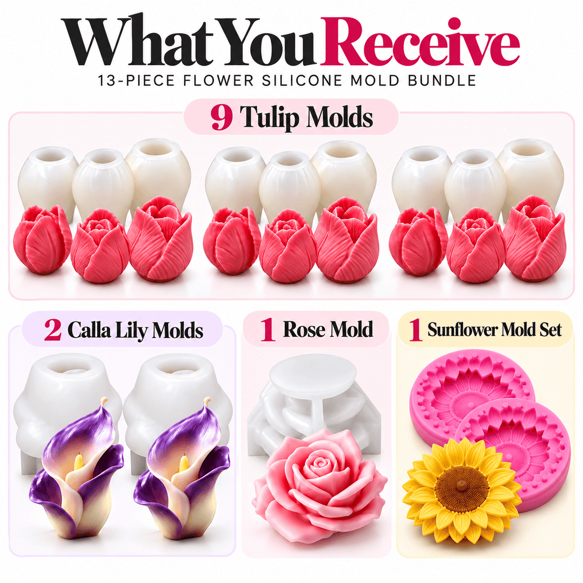 13-piece floral silicone candle mold bundle with tulip Calla Lily rose and sunflower molds