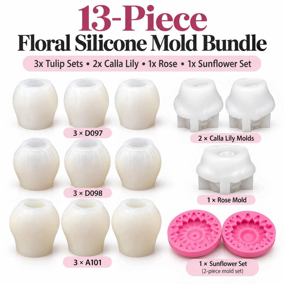 13-piece floral silicone candle mold bundle with tulip Calla Lily rose and sunflower molds