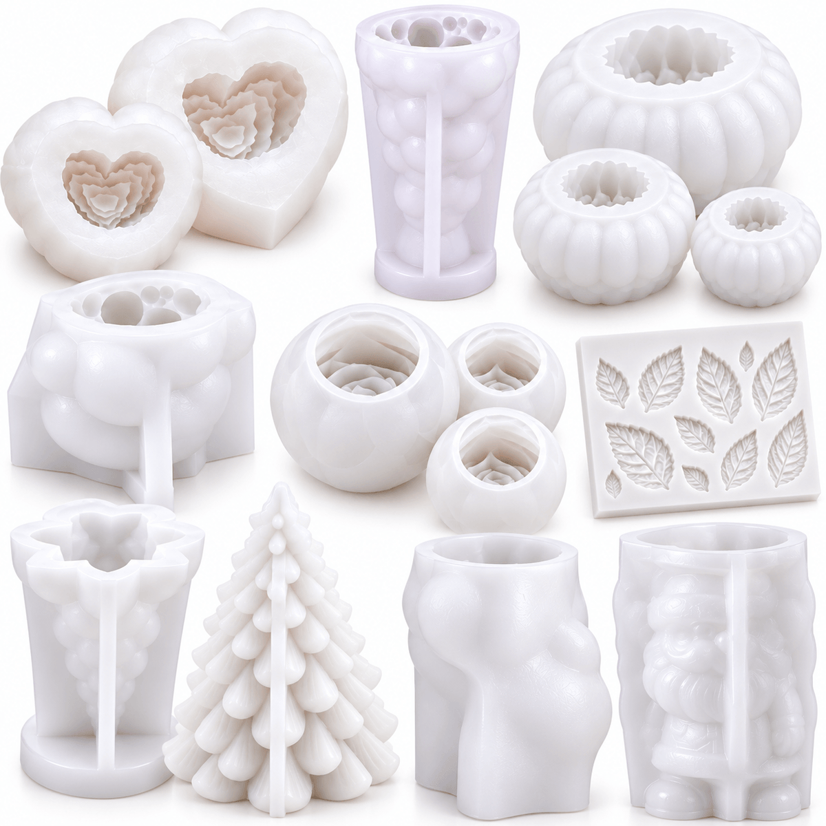 14-piece Christmas and floral silicone candle mold bundle with Santa reindeer trees roses chrysanthemum and heart flower designs