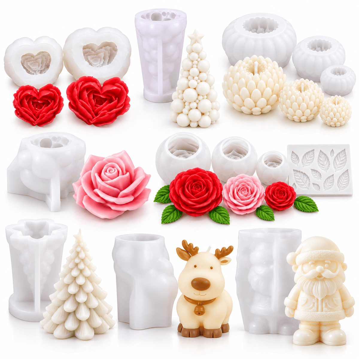 14-piece Christmas and floral silicone candle mold bundle with Santa reindeer trees roses chrysanthemum and heart flower designs