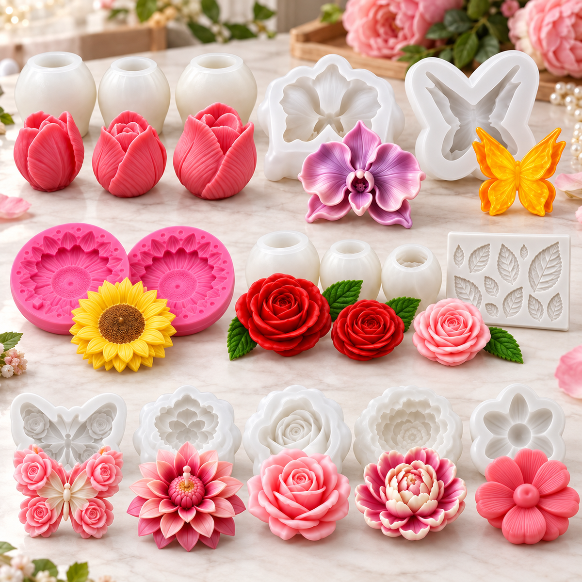 15-piece floral silicone candle mold bundle with 10 tulip rose sunflower butterfly and flower designs