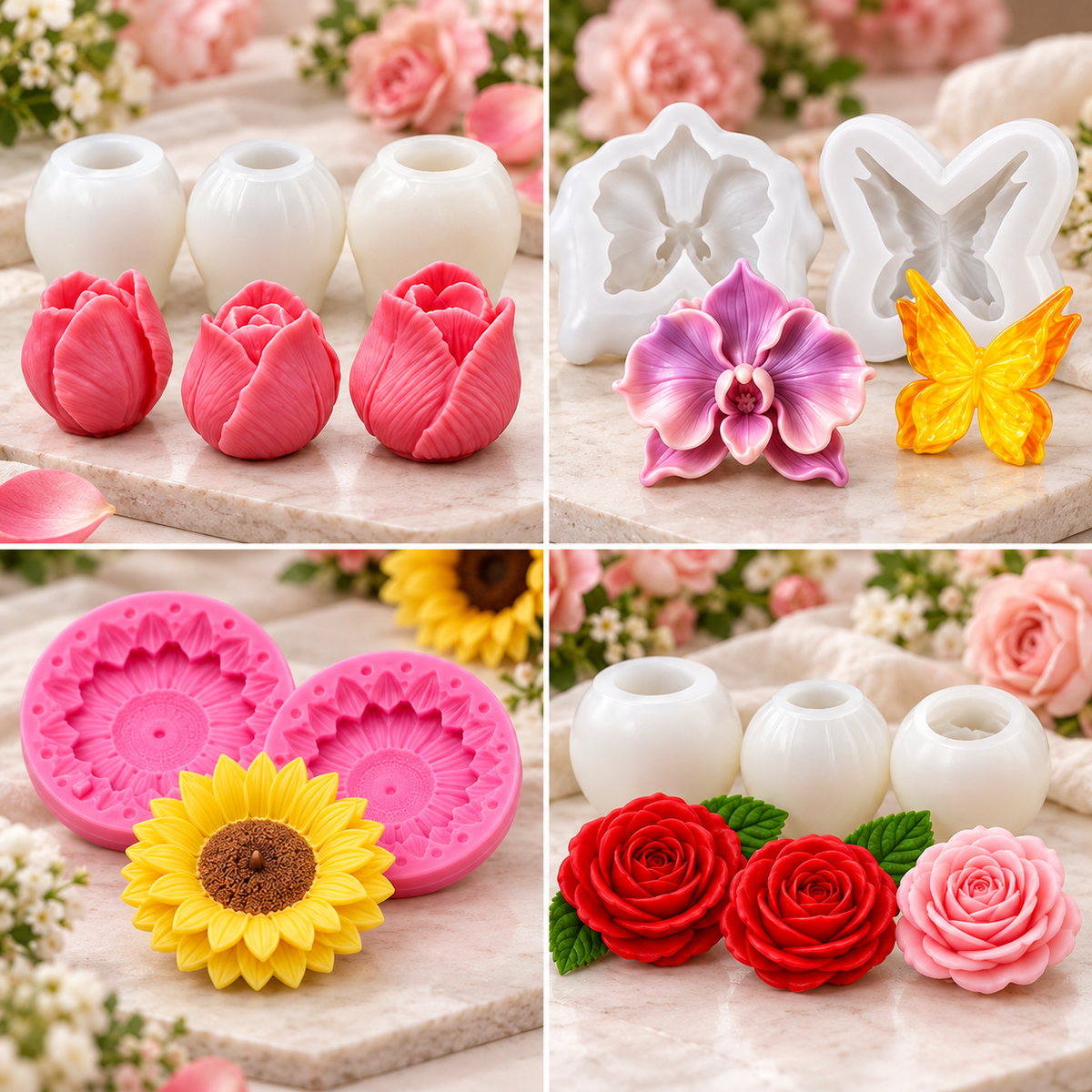 15-piece floral silicone candle mold bundle with 10 tulip rose sunflower butterfly and flower designs