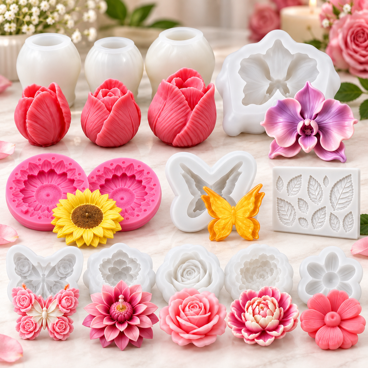 15-piece floral silicone candle mold bundle with 10 tulip rose sunflower butterfly and flower designs