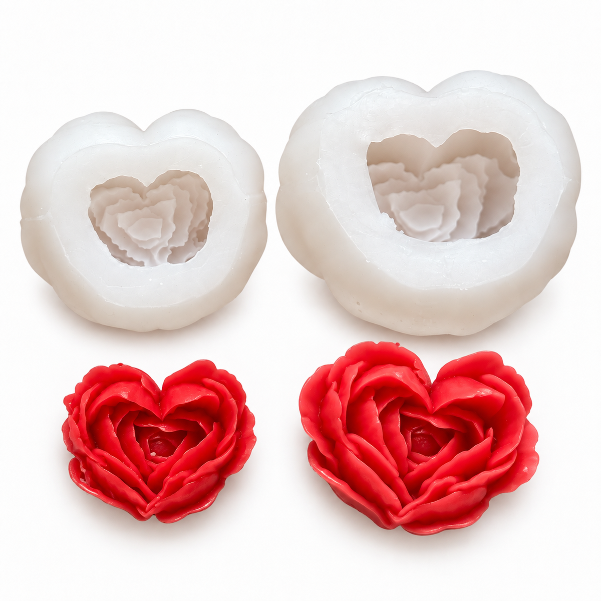 Create heart-shaped rose candles in two sizes with this 2-piece silicone mold set. Includes large and small molds for gifts, weddings and DIY projects.