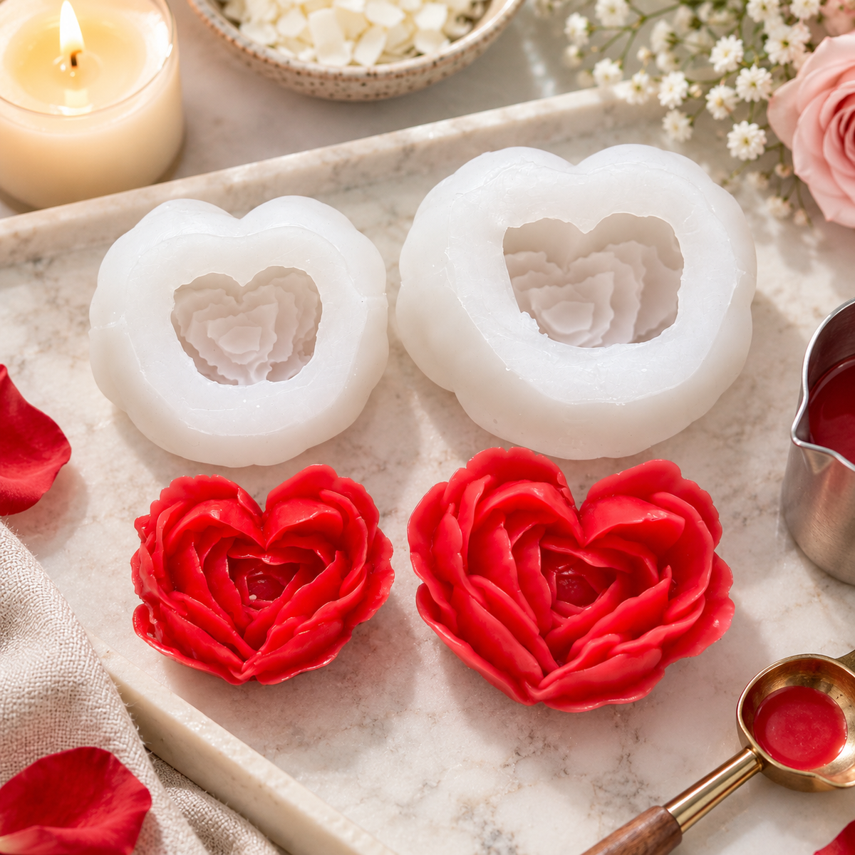 Create heart-shaped rose candles in two sizes with this 2-piece silicone mold set. Includes large and small molds for gifts, weddings and DIY projects.