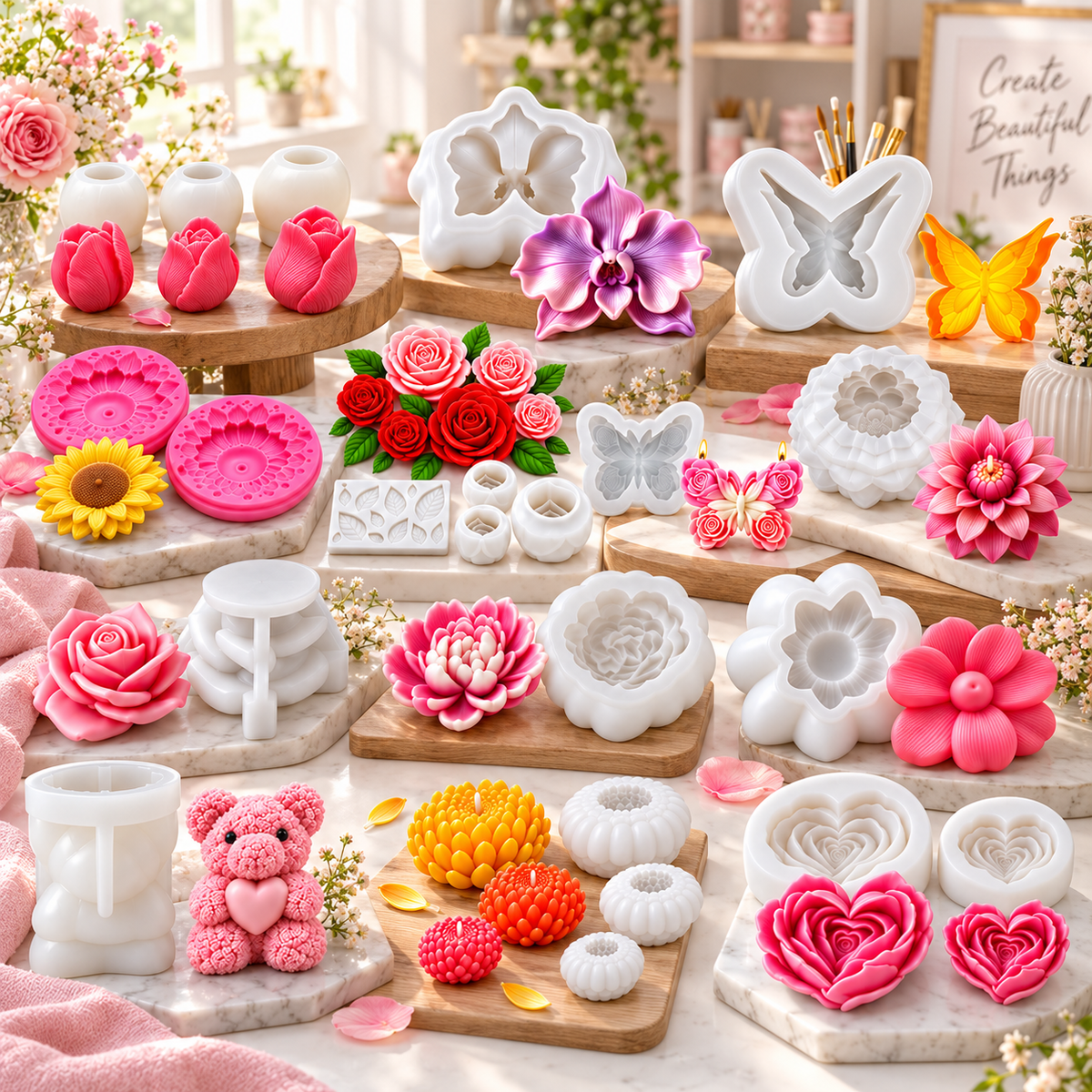 21-piece floral and decorative silicone candle mold bundle with 13 rose tulip sunflower butterfly and flower designs