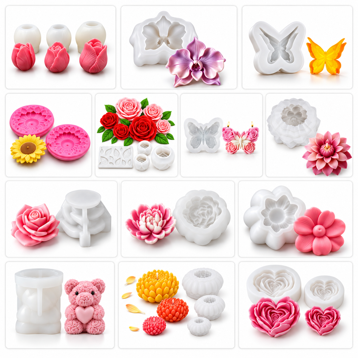 21-piece floral and decorative silicone candle mold bundle with 13 rose tulip sunflower butterfly and flower designs