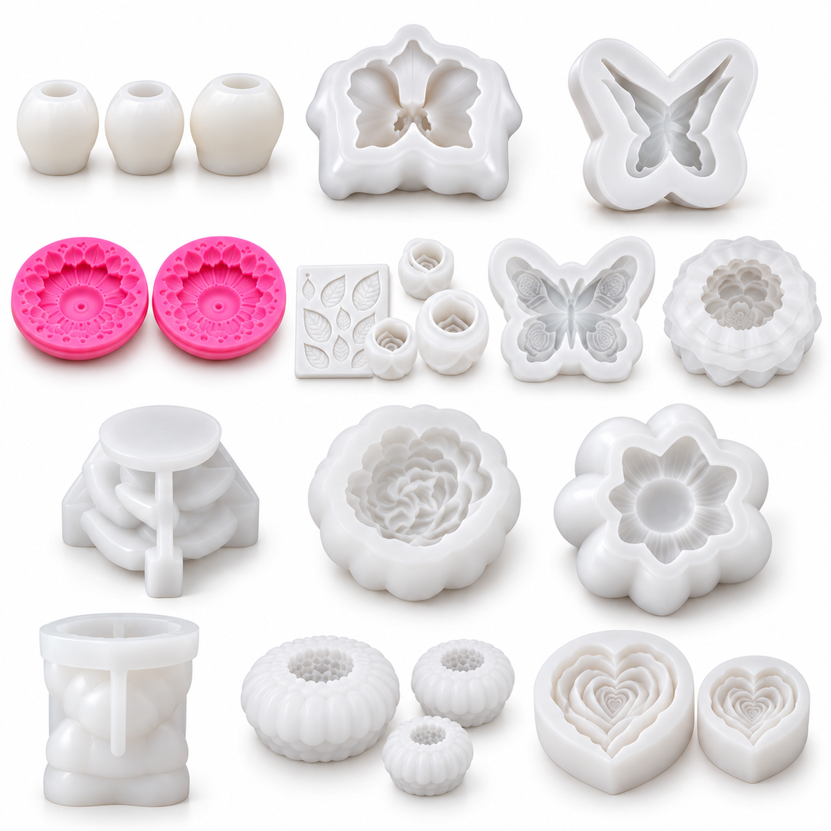 21-piece floral and decorative silicone candle mold bundle with 13 rose tulip sunflower butterfly and flower designs
