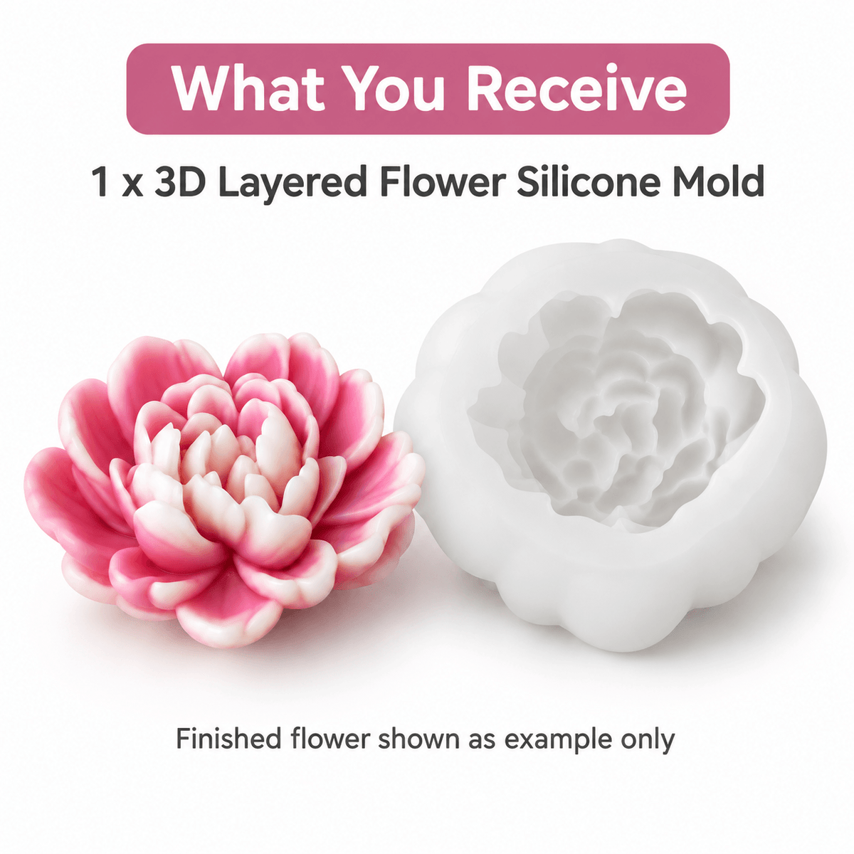 White 3D layered flower silicone candle mold with finished floral example