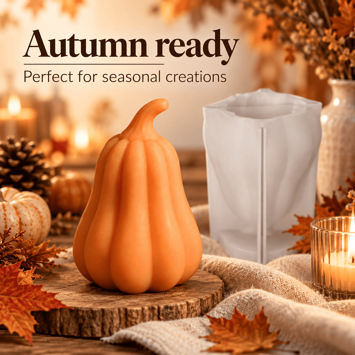 White 3D pumpkin silicone candle mold with finished orange gourd example