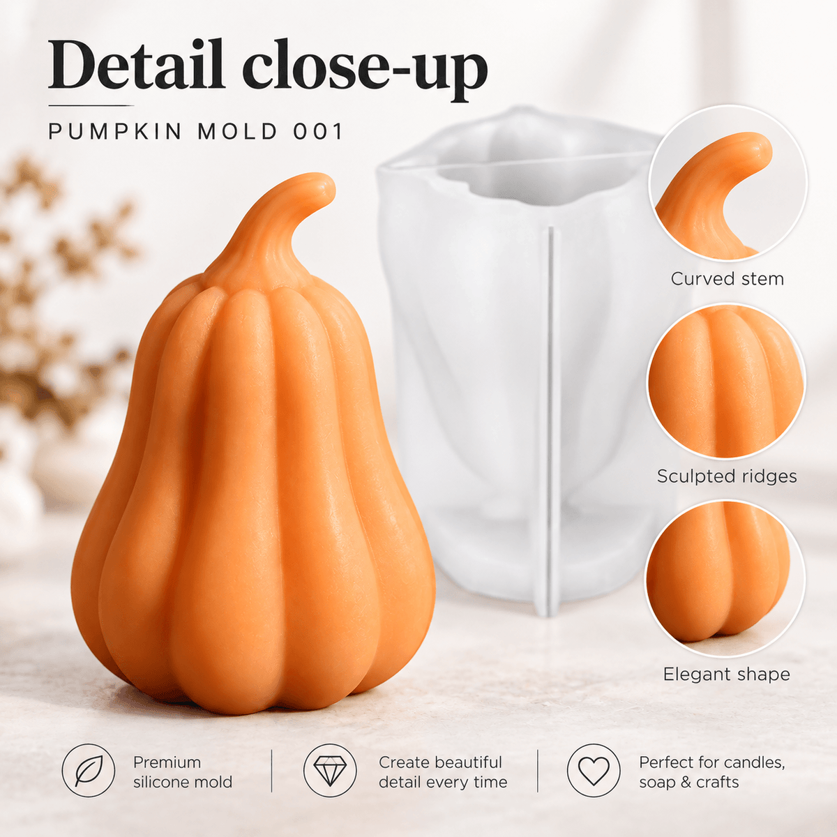 White 3D pumpkin silicone candle mold with finished orange gourd example