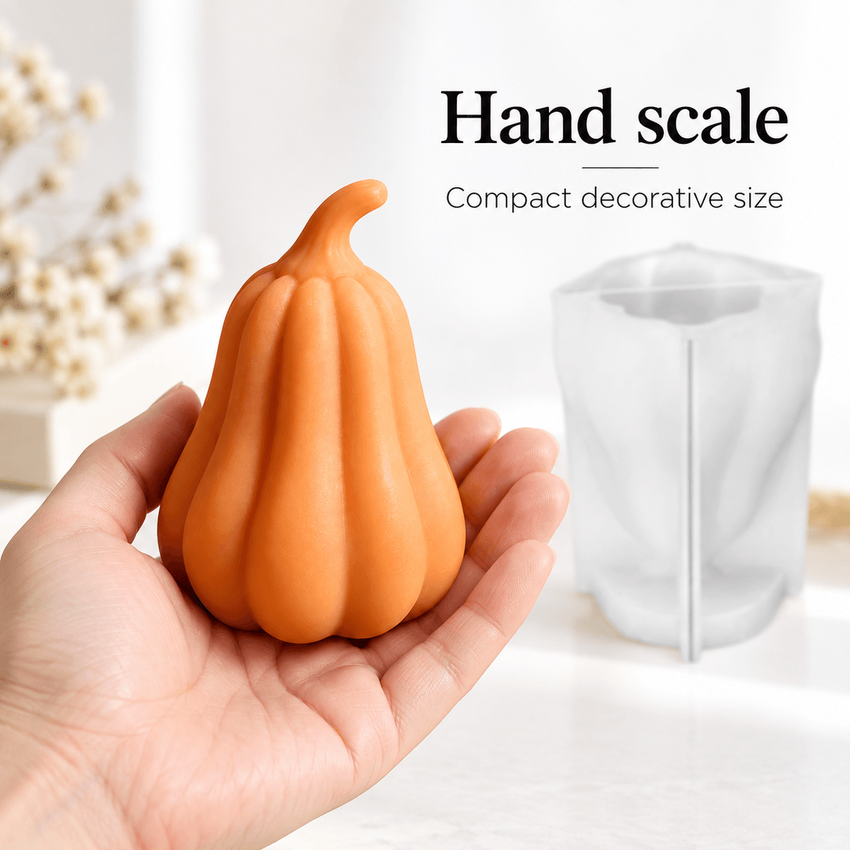 White 3D pumpkin silicone candle mold with finished orange gourd example