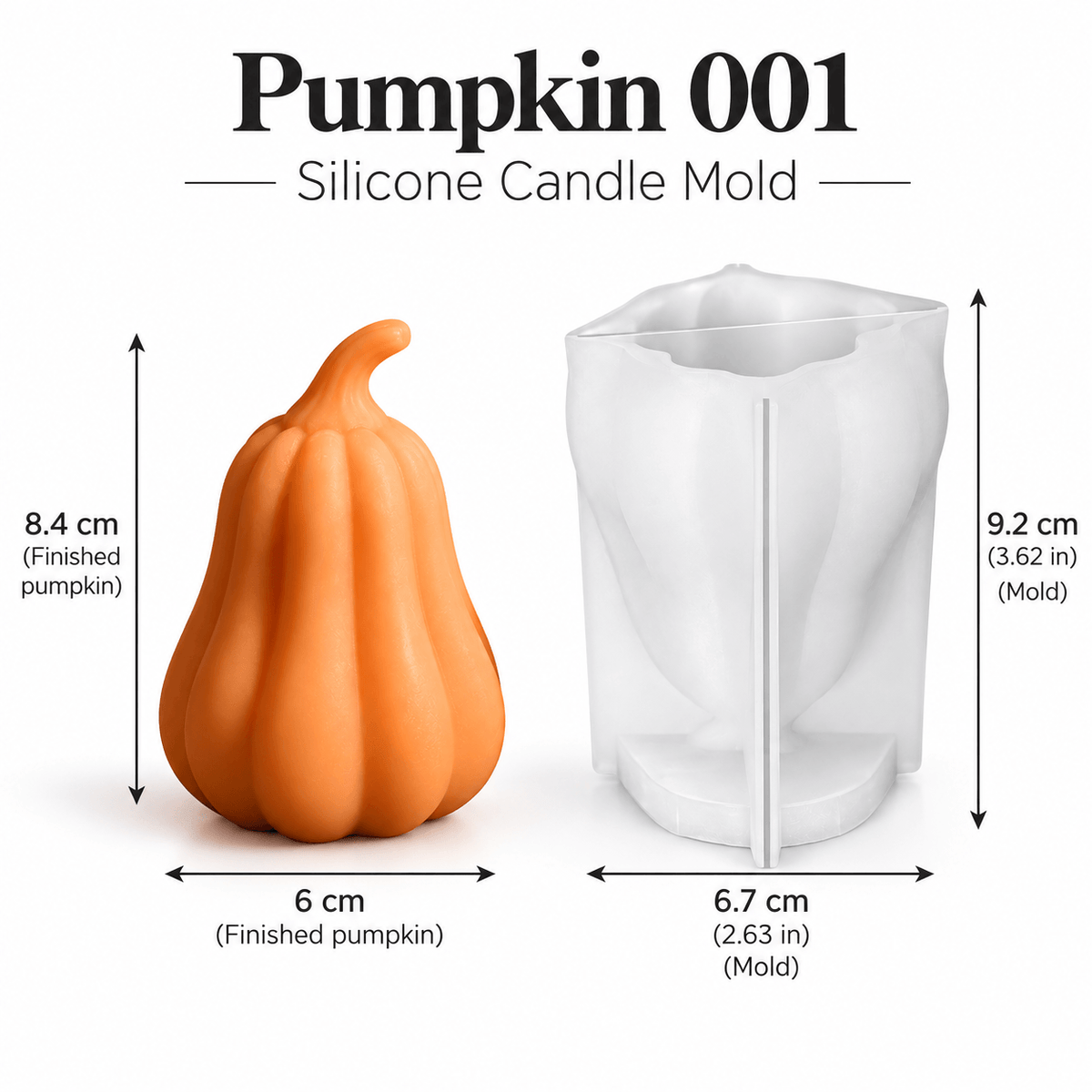 White 3D pumpkin silicone candle mold with finished orange gourd example