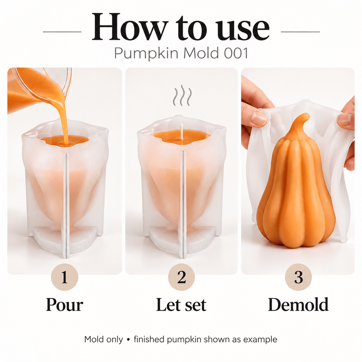 White 3D pumpkin silicone candle mold with finished orange gourd example