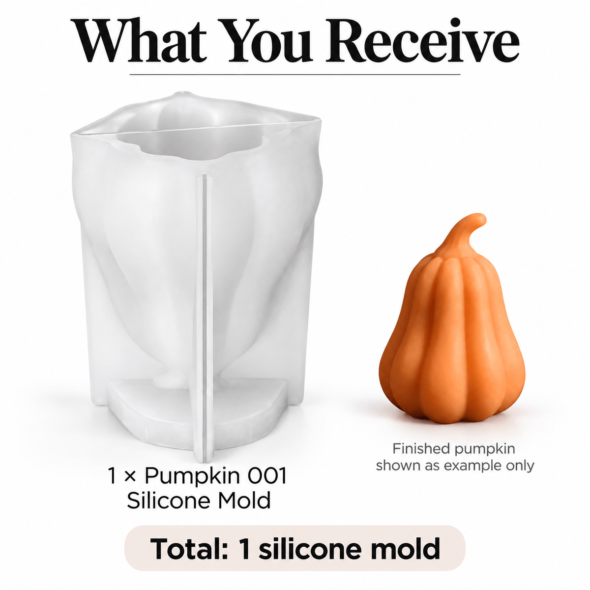 White 3D pumpkin silicone candle mold with finished orange gourd example