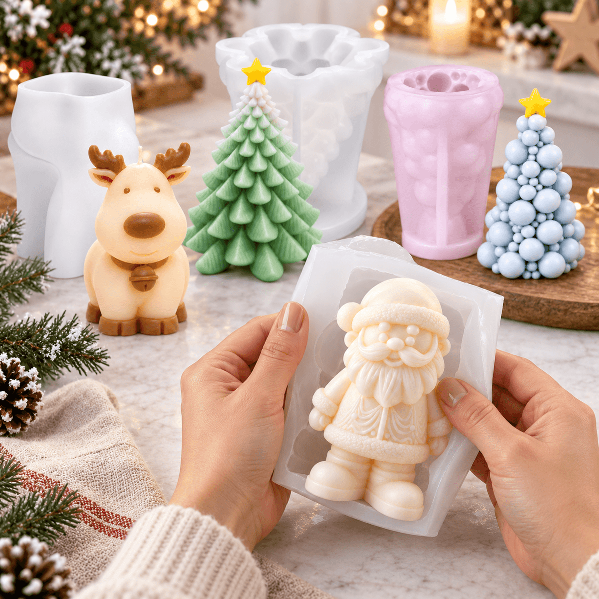 4-piece Christmas silicone candle mold bundle with Santa Claus reindeer and two Christmas tree molds