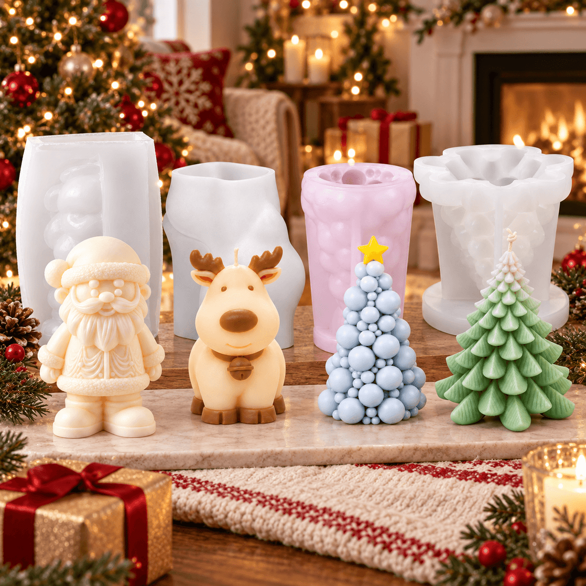 4-piece Christmas silicone candle mold bundle with Santa Claus reindeer and two Christmas tree molds