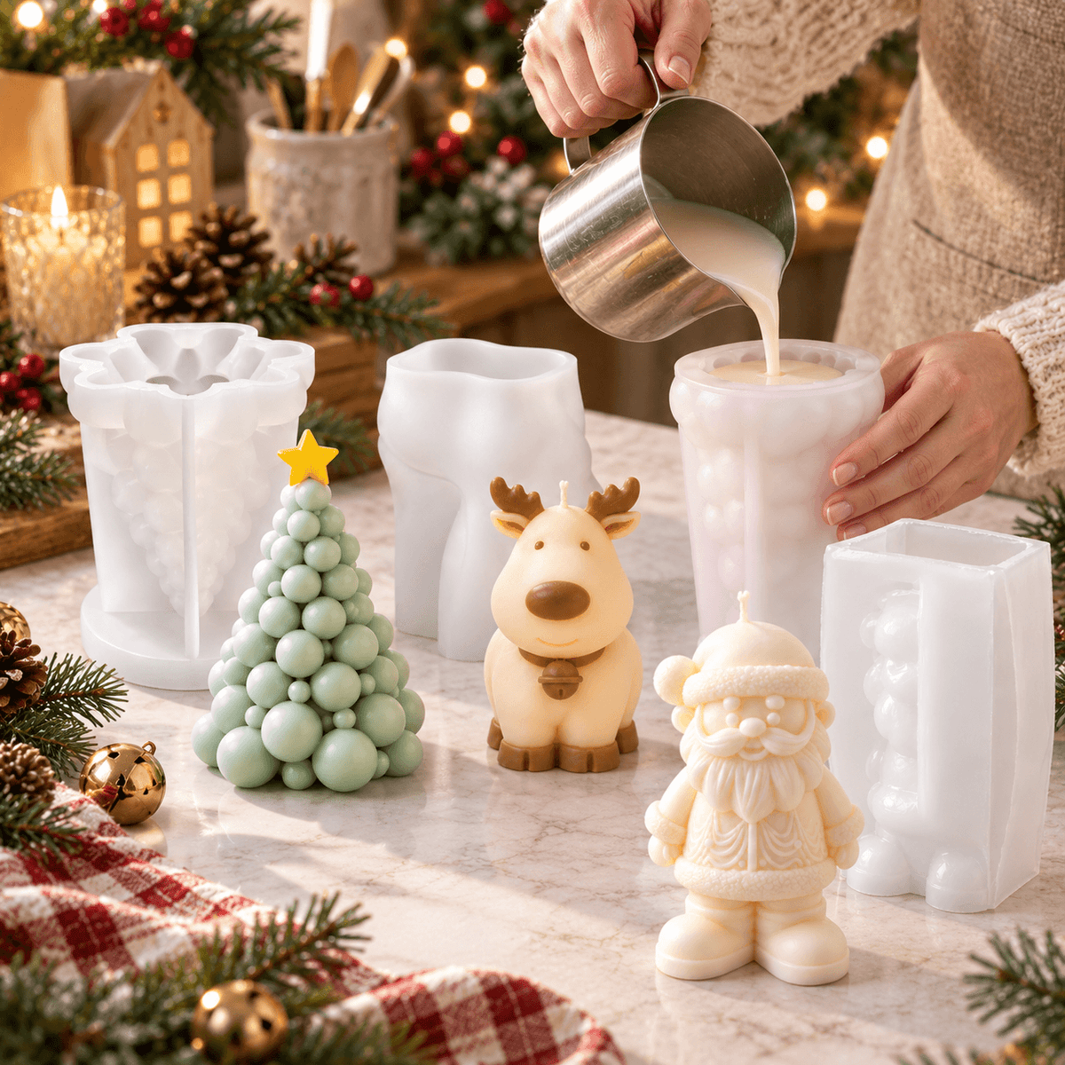 4-piece Christmas silicone candle mold bundle with Santa Claus reindeer and two Christmas tree molds