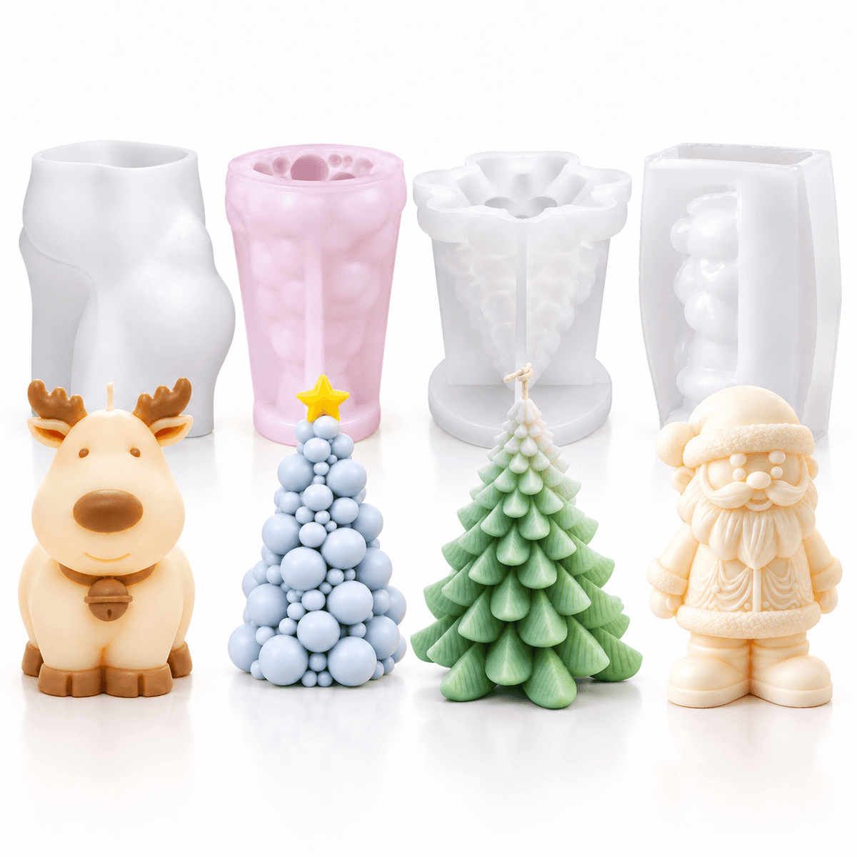 4-piece Christmas silicone candle mold bundle with Santa Claus reindeer and two Christmas tree molds