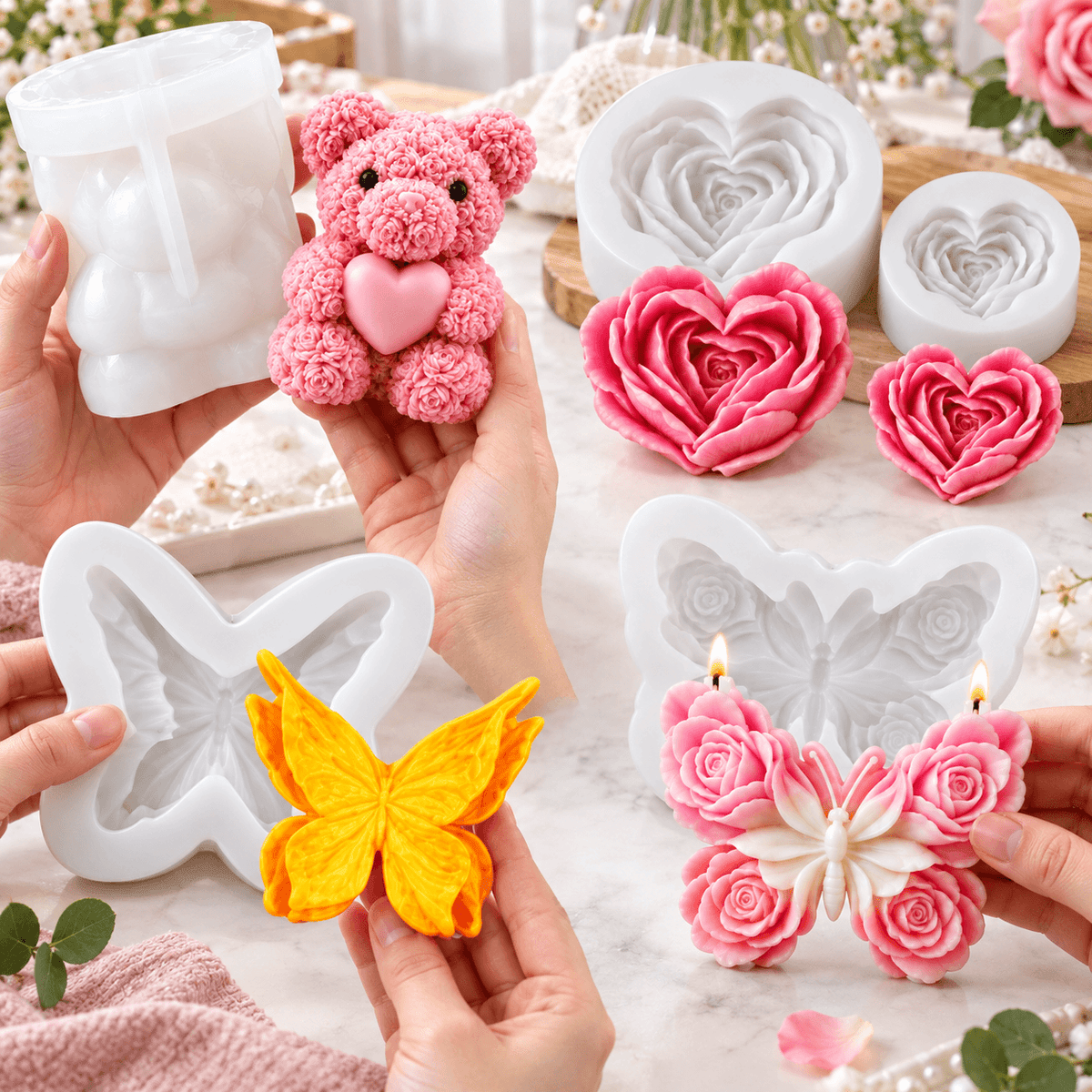5-piece romantic silicone candle mold bundle with rose bear heart flower and butterfly molds