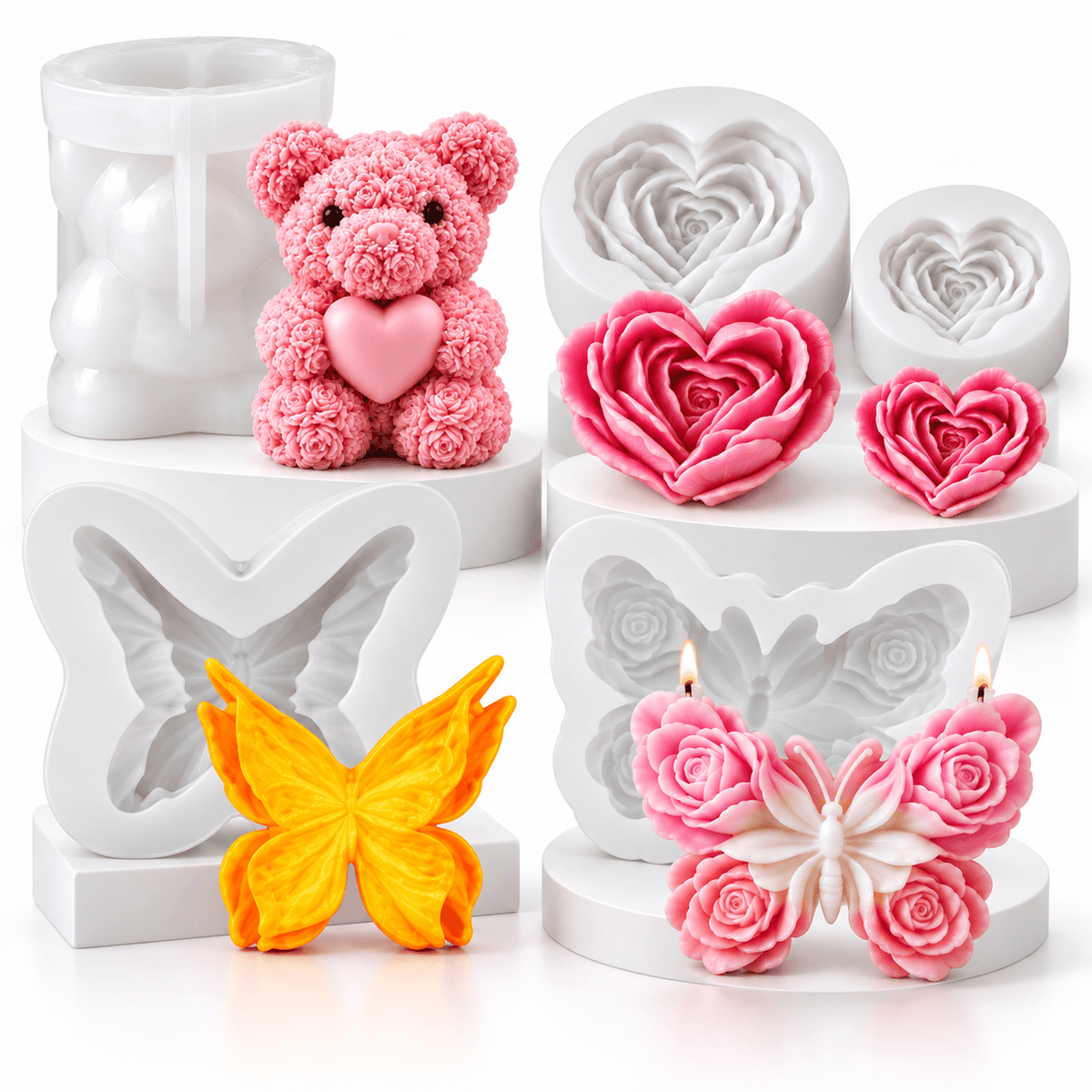5-piece romantic silicone candle mold bundle with rose bear heart flower and butterfly molds