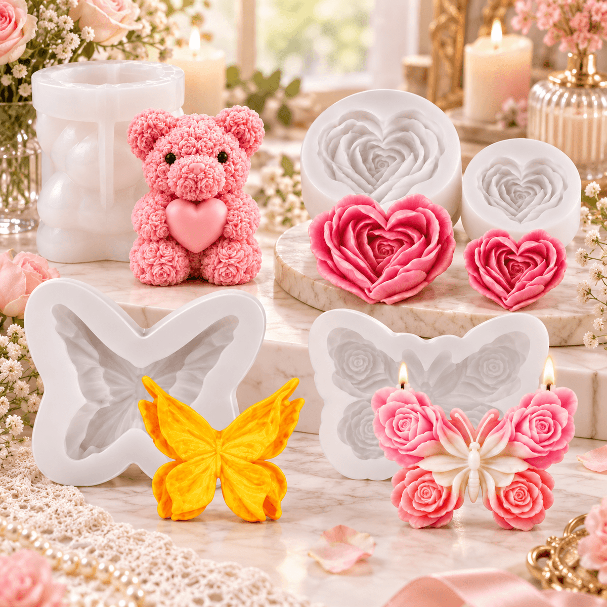 5-piece romantic silicone candle mold bundle with rose bear heart flower and butterfly molds