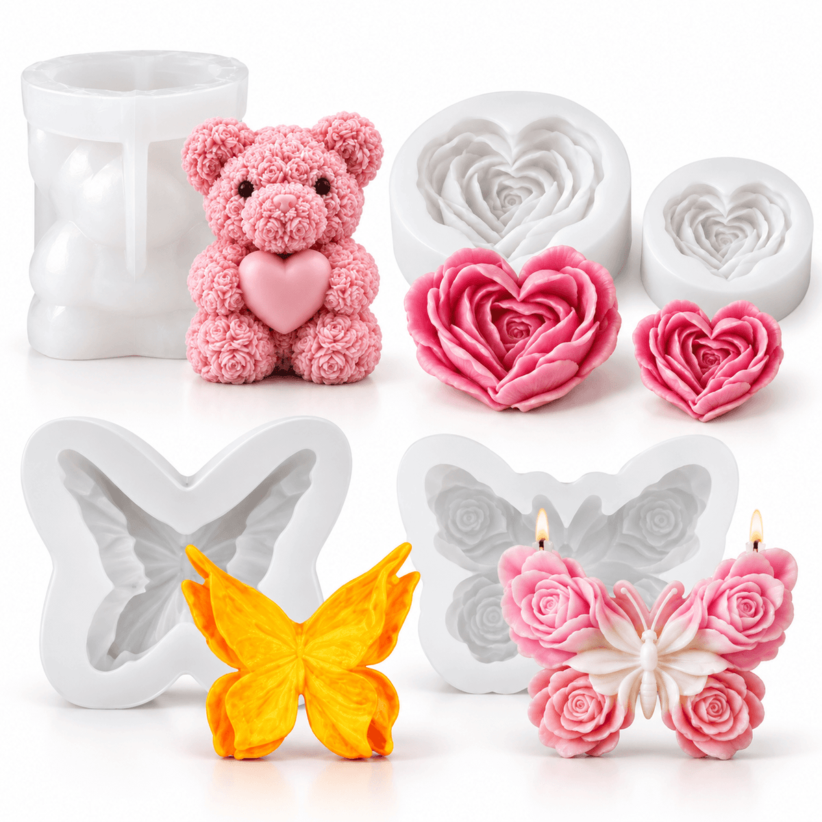 5-piece romantic silicone candle mold bundle with rose bear heart flower and butterfly molds