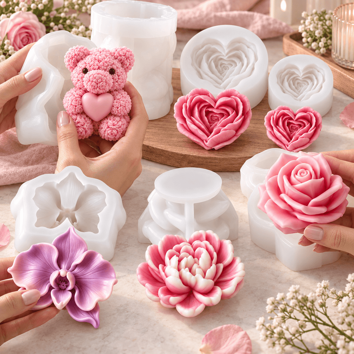 6-piece romantic floral silicone candle mold bundle with rose bear heart roses bougainvillea and flower molds