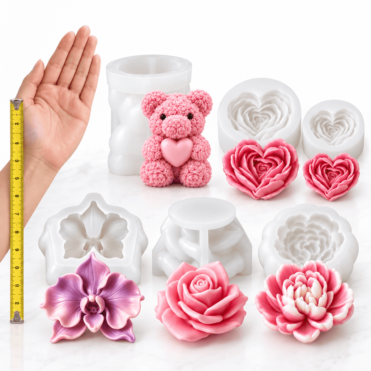 6-piece romantic floral silicone candle mold bundle with rose bear heart roses bougainvillea and flower molds