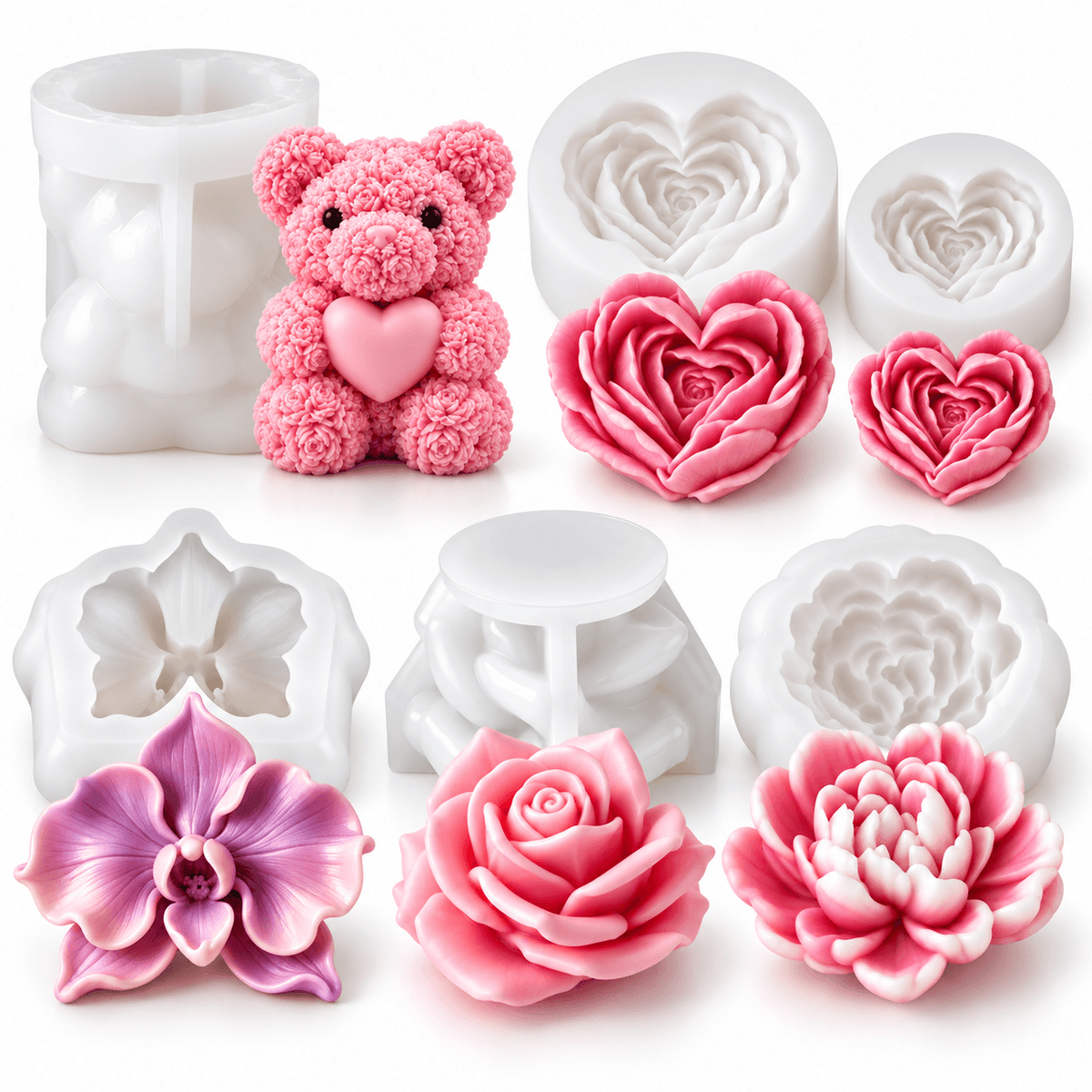 6-piece romantic floral silicone candle mold bundle with rose bear heart roses bougainvillea and flower molds