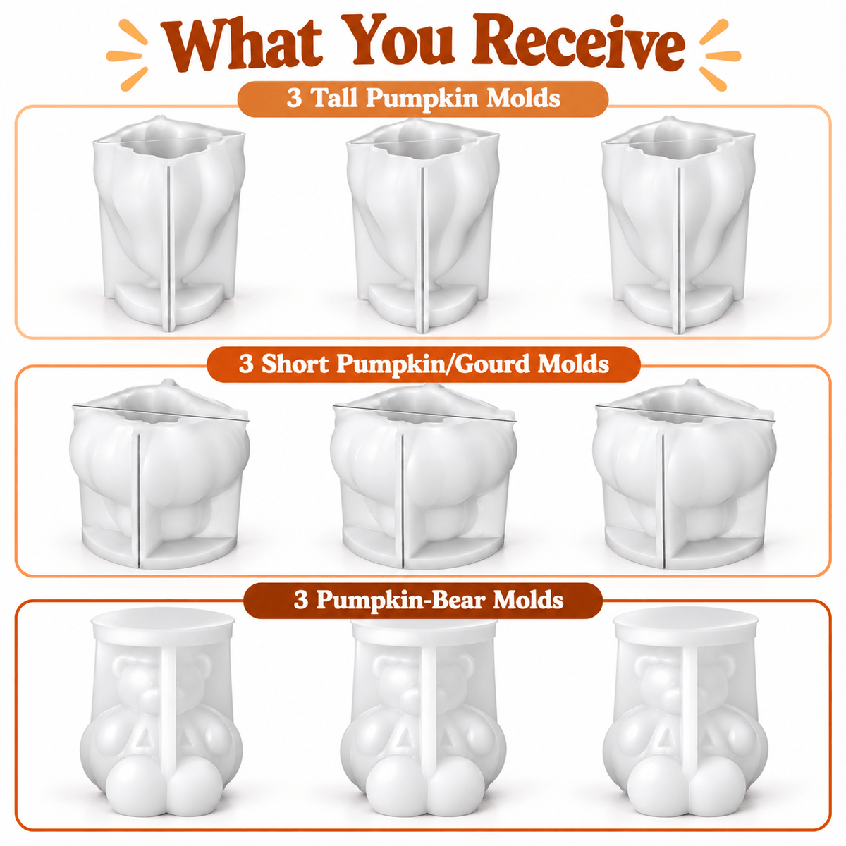9-piece pumpkin and pumpkin bear silicone candle mold bundle with three Pumpkin 001, three Pumpkin 002 and three bear molds