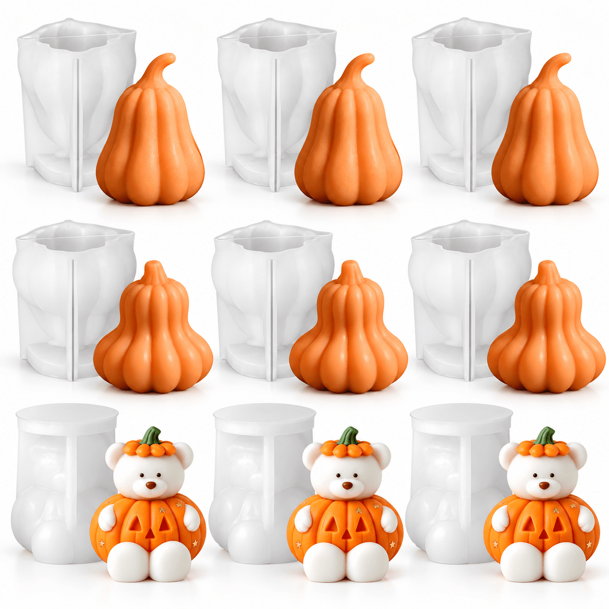 9-piece pumpkin and pumpkin bear silicone candle mold bundle with three Pumpkin 001, three Pumpkin 002 and three bear molds