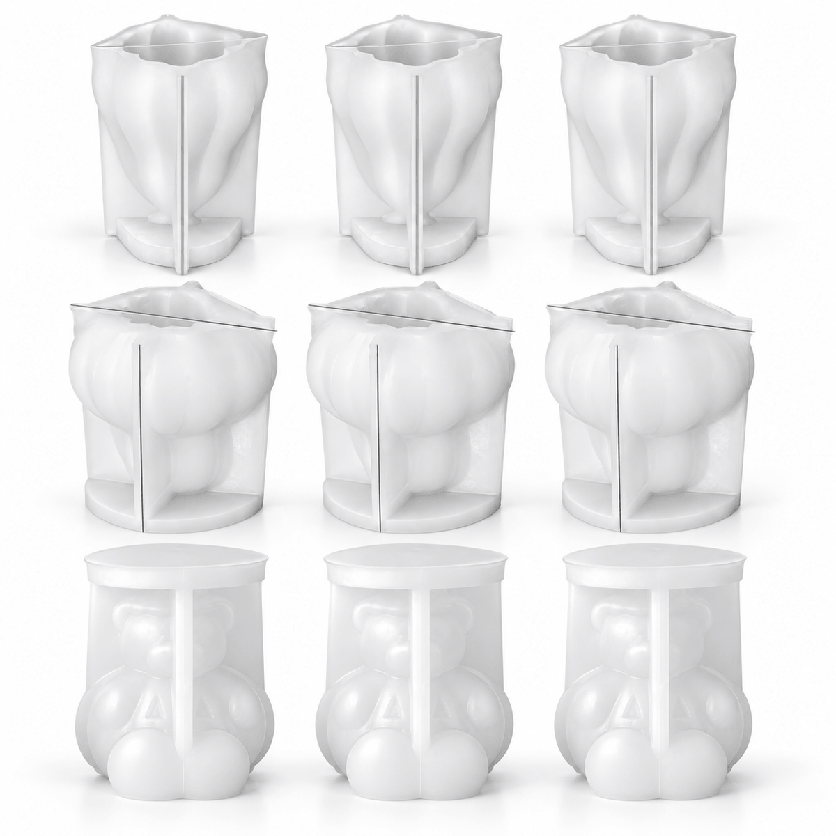 9-piece pumpkin and pumpkin bear silicone candle mold bundle with three Pumpkin 001, three Pumpkin 002 and three bear molds