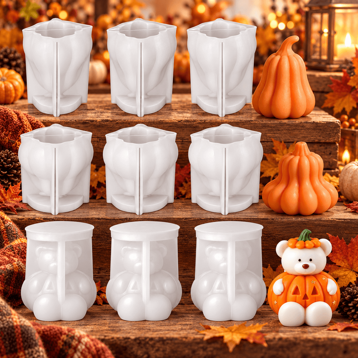 9-piece pumpkin and pumpkin bear silicone candle mold bundle with three Pumpkin 001, three Pumpkin 002 and three bear molds
