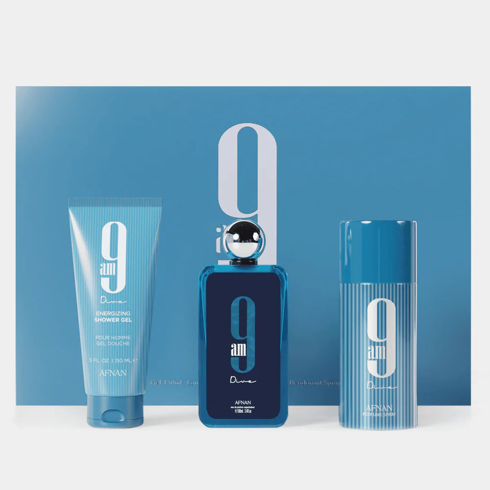 Afnan 9AM Dive Men Gift Set – Eau de Parfum 3.4 oz + Shower Gel 5.0 oz + Deodorant Spray 5.0 oz