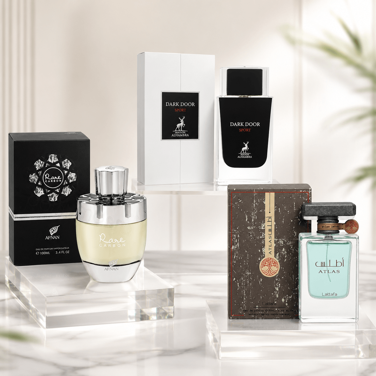 Afnan Rare Carbon, Maison Alhambra Dark Door Sport and Lattafa Atlas three-piece Eau de Parfum bundle