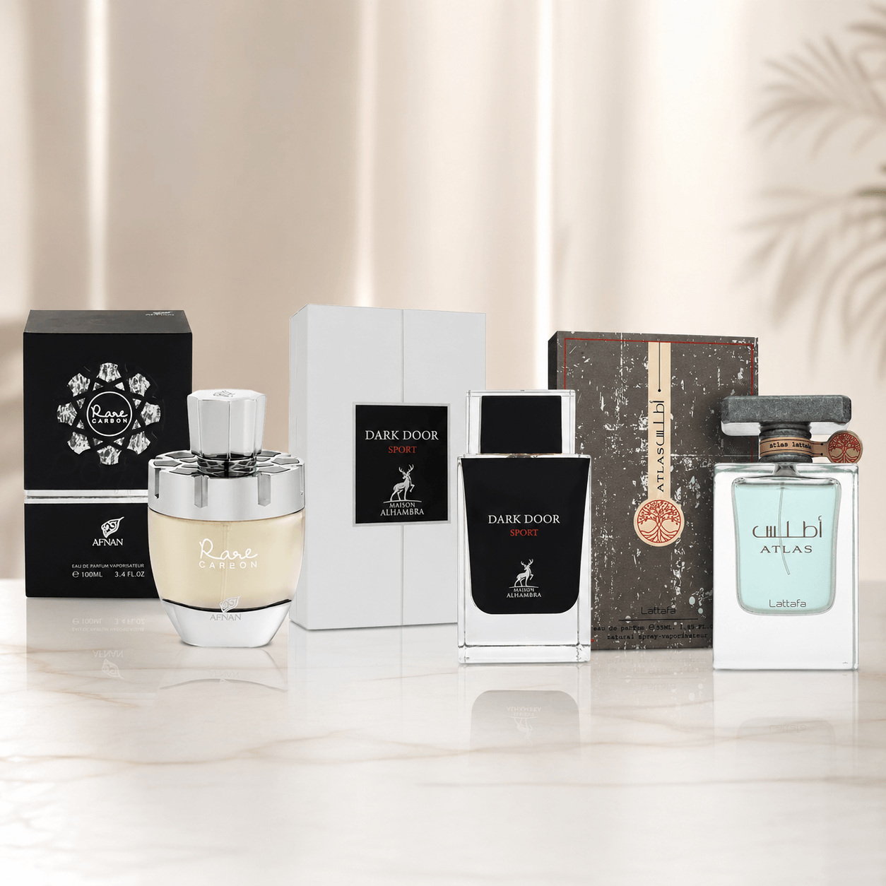 Afnan Rare Carbon, Maison Alhambra Dark Door Sport and Lattafa Atlas three-piece Eau de Parfum bundle