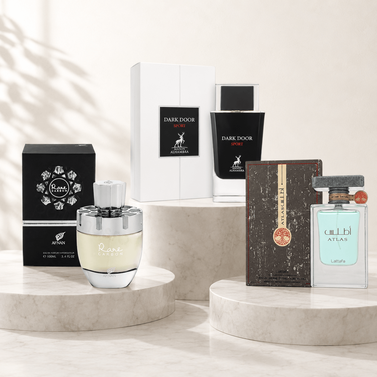 Afnan Rare Carbon, Maison Alhambra Dark Door Sport and Lattafa Atlas three-piece Eau de Parfum bundle