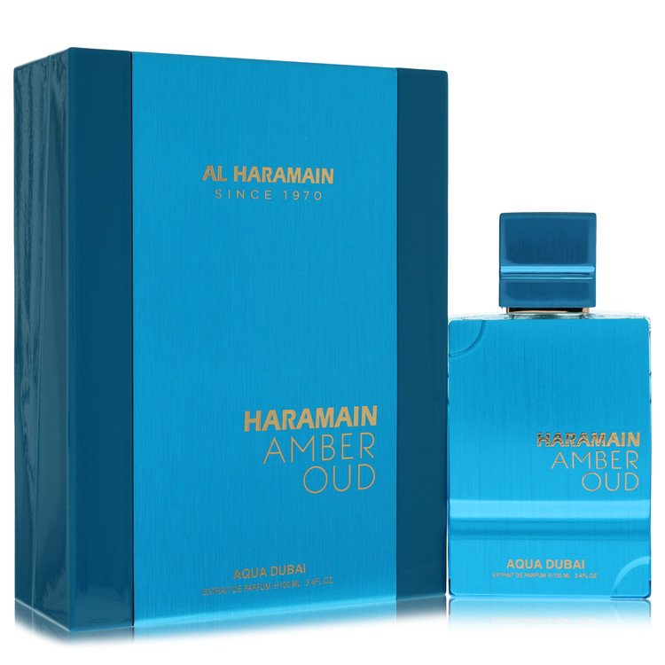 Al Haramain Amber Oud Aqua Dubai Extrait de Parfum bottle unisex aquatic citrus amber fragrance on white background