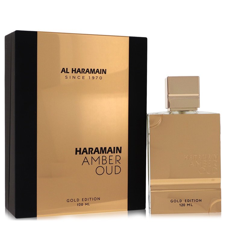 Al Haramain Amber Oud Gold Edition Eau de Parfum bottle unisex amber vanilla musk fragrance on white background