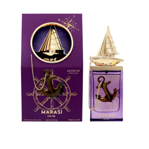 Arabiyat Prestige Marasi For Her Eau de Parfum 100 ml bottle and purple retail box