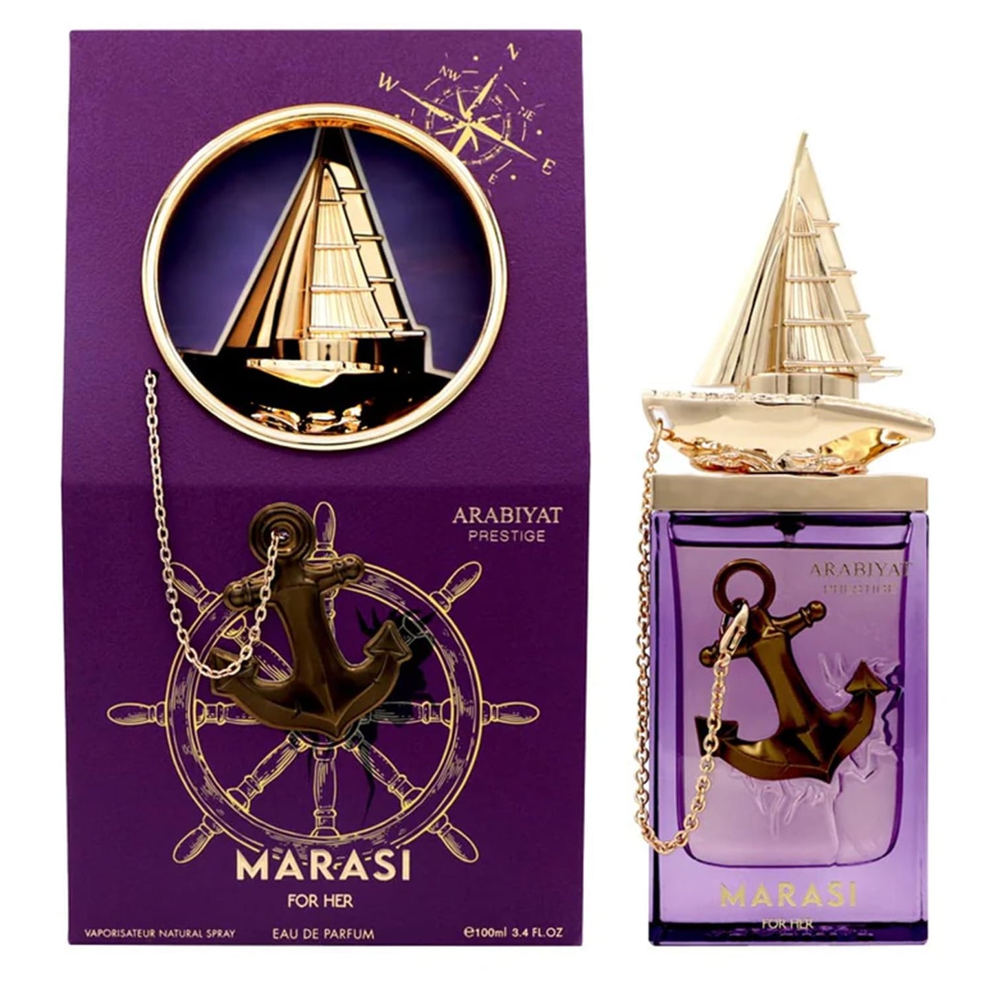 Arabiyat Prestige Marasi For Her Eau de Parfum 100 ml bottle and purple retail box