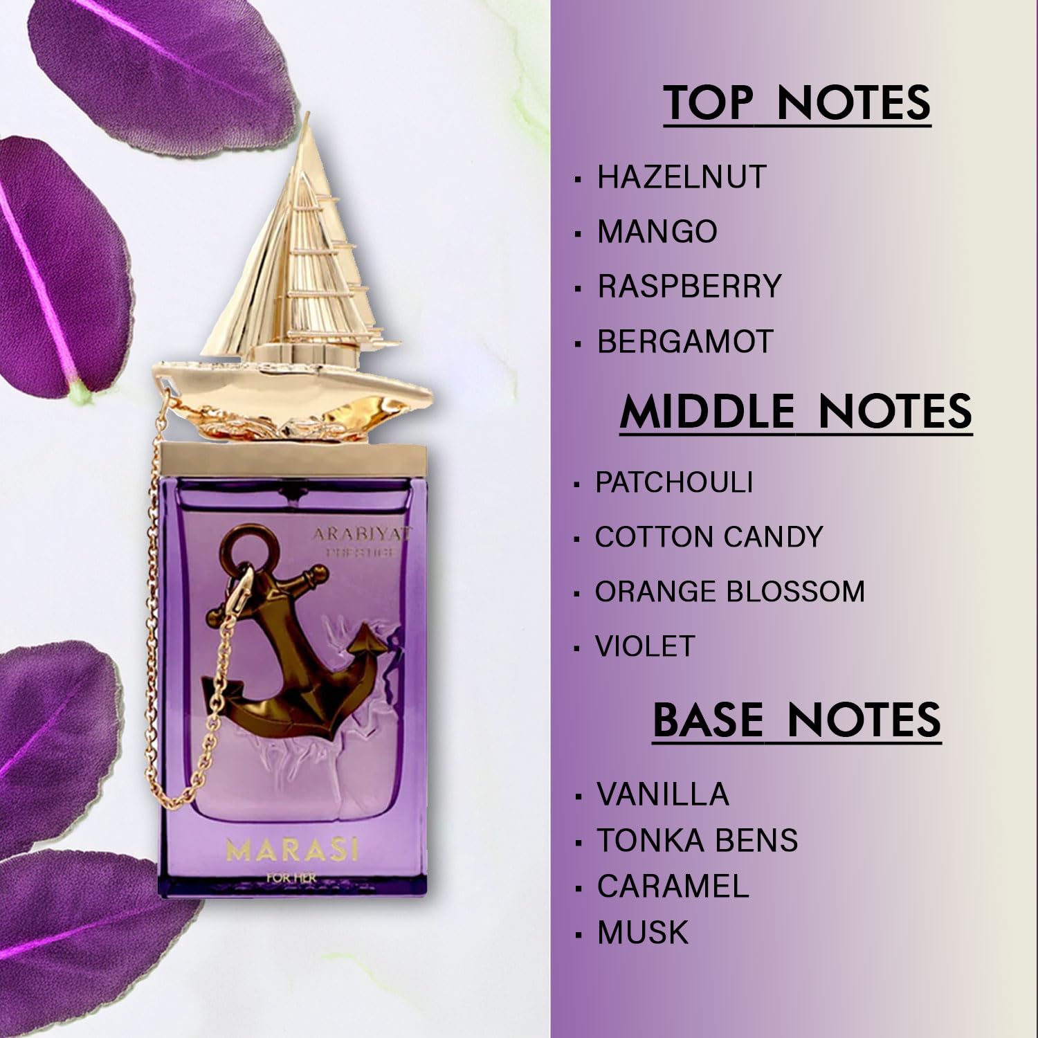 Arabiyat Prestige Marasi For Her Eau de Parfum 100 ml bottle and purple retail box