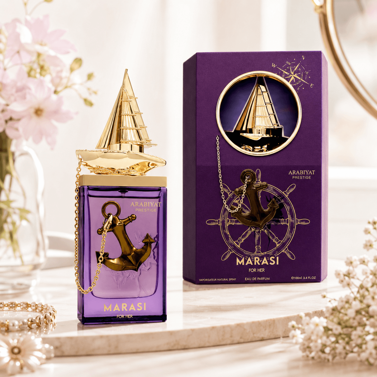 Arabiyat Prestige Marasi For Her Eau de Parfum 100 ml bottle and purple retail box