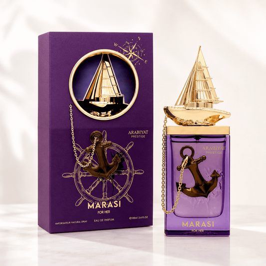 Arabiyat Prestige Marasi For Her Eau de Parfum 100 ml bottle and purple retail box