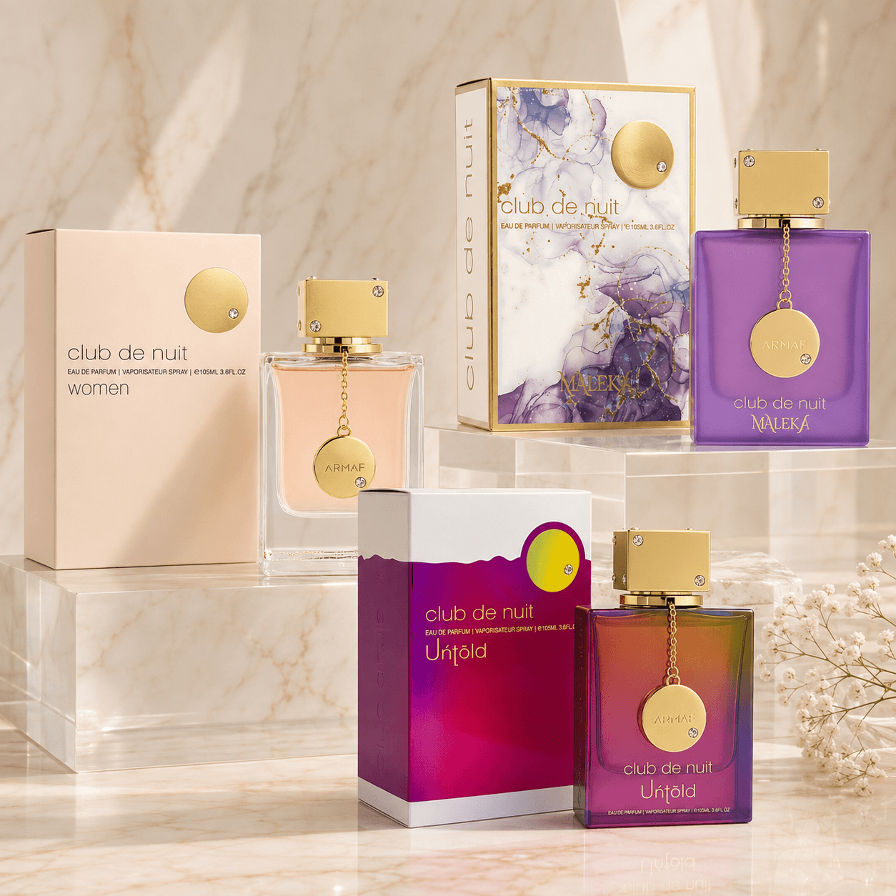 Armaf Club de Nuit Woman, Maleka and Untold three-piece Eau de Parfum bundle with bottles and boxes