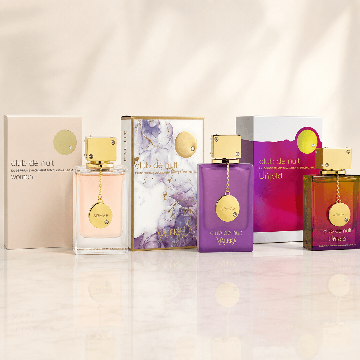 Armaf Club de Nuit Woman, Maleka and Untold three-piece Eau de Parfum bundle with bottles and boxes