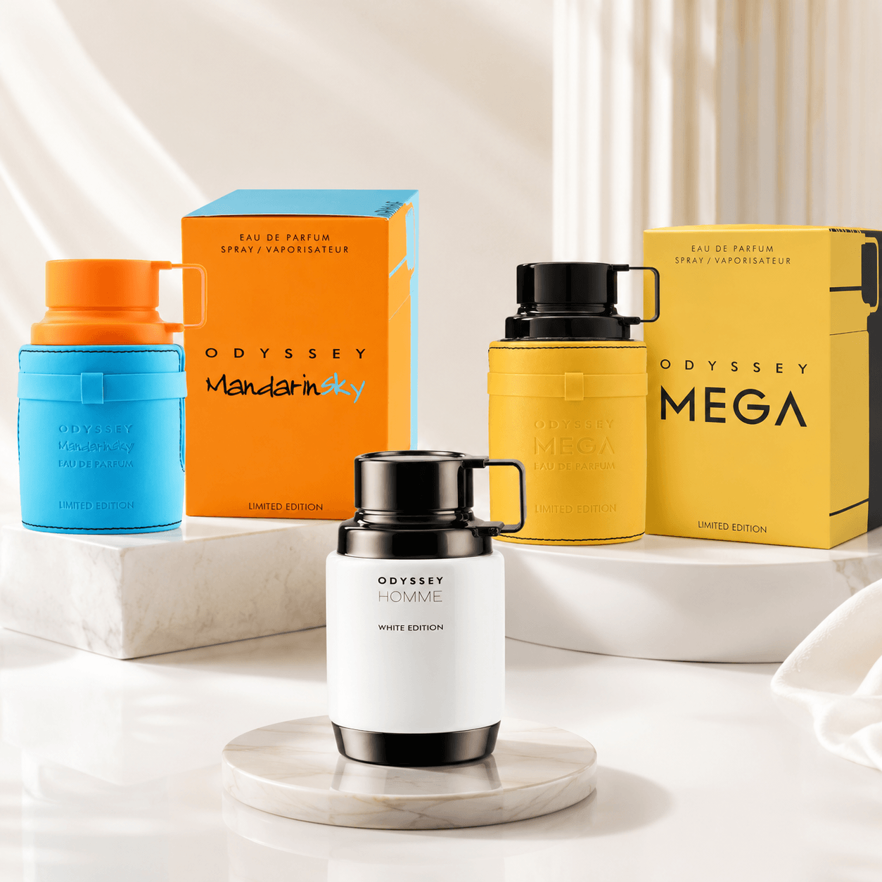 Armaf Odyssey Mandarin Sky, Mega and Homme White Edition three-piece Eau de Parfum bundle
