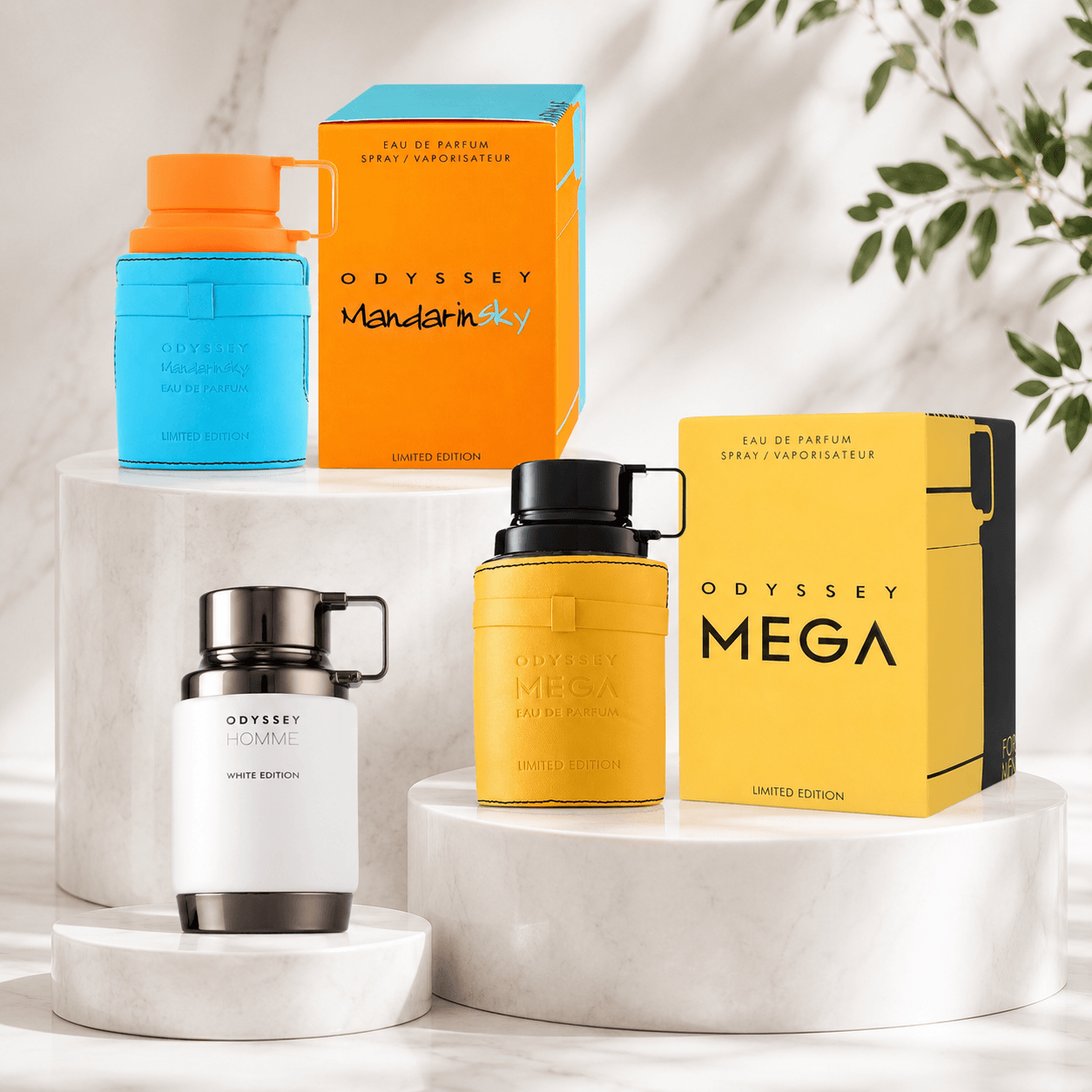 Armaf Odyssey Mandarin Sky, Mega and Homme White Edition three-piece Eau de Parfum bundle