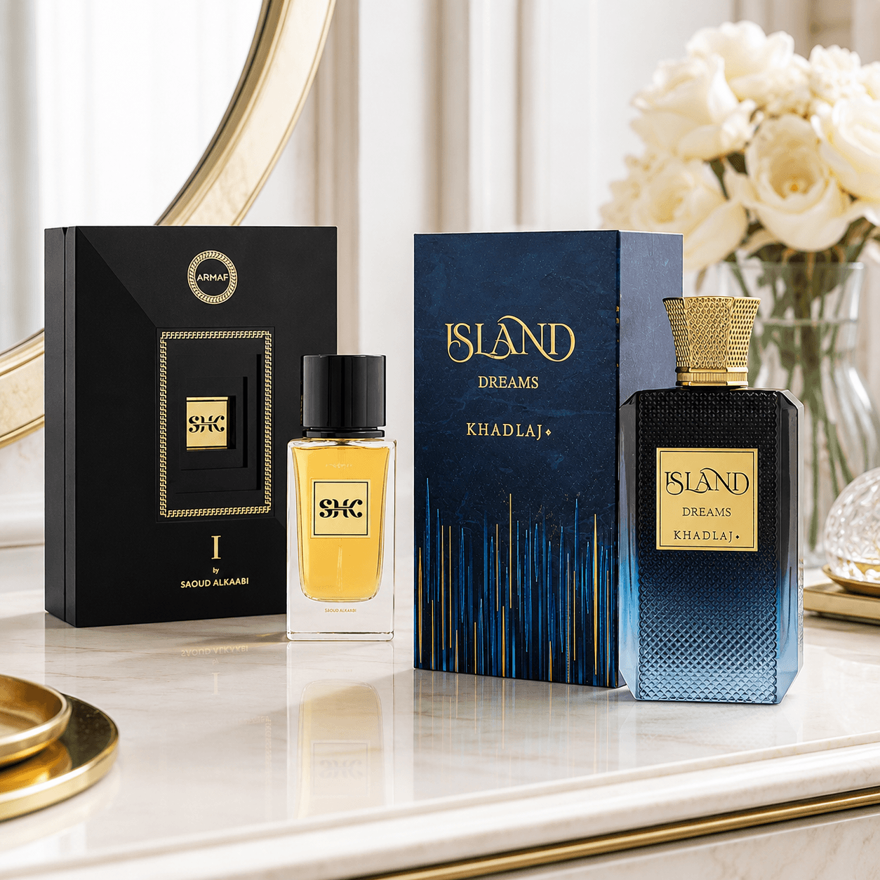 Armaf SHK I by Saoud AlKaabi and Khadlaj Island Dreams two-piece fragrance bundle with bottles and boxes
